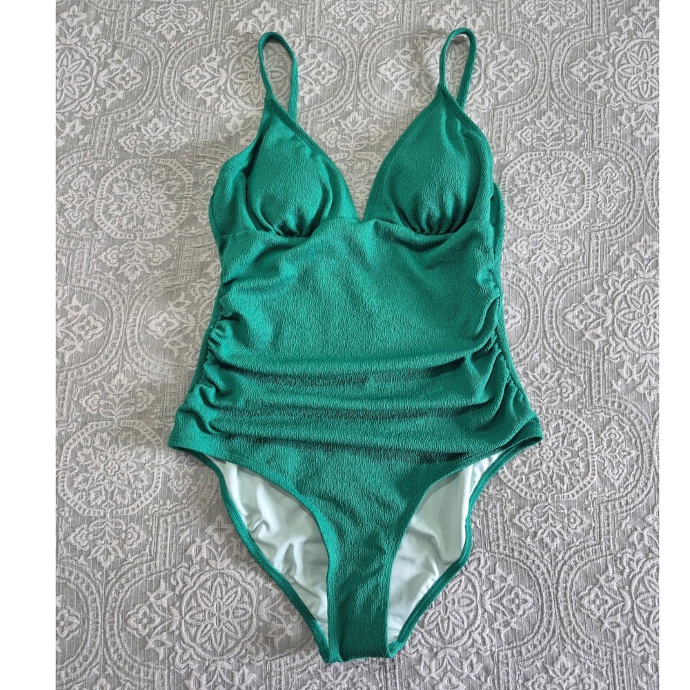 Cupshe Green Textured Ruched One Piece Swimsuit V-Neck XL DAA12E5G043RR NWT